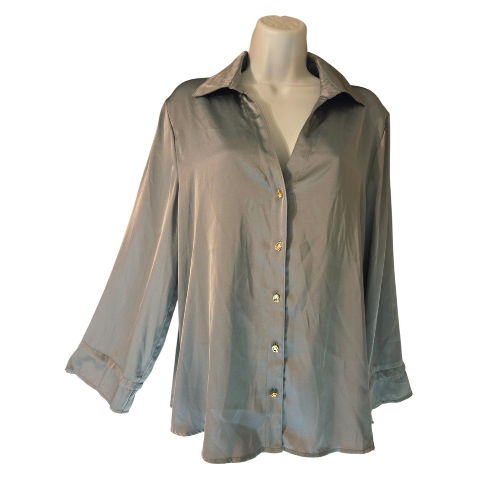 Entro Gray Satin‎ button-up Long-Sleeve top W Gold Buttons Relaxed S